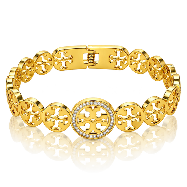 Aureum Crest Cutwork Medallion Clear Halo Gold Tone Luxury Link Bracelet