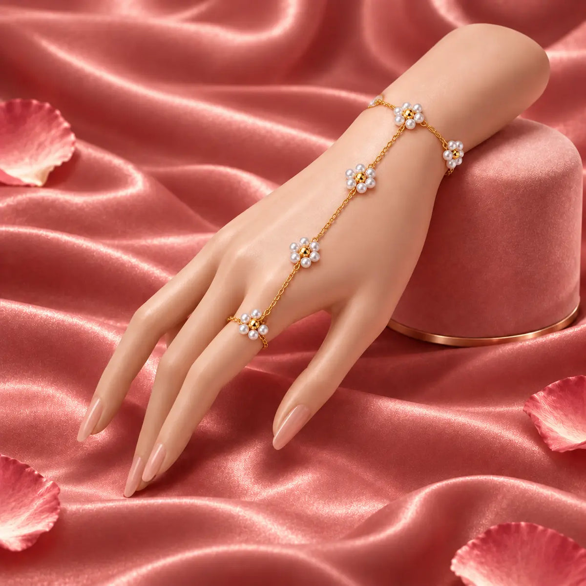 Elegant Pearl Bloom Floral Hand Chain in Gold Tone for Women