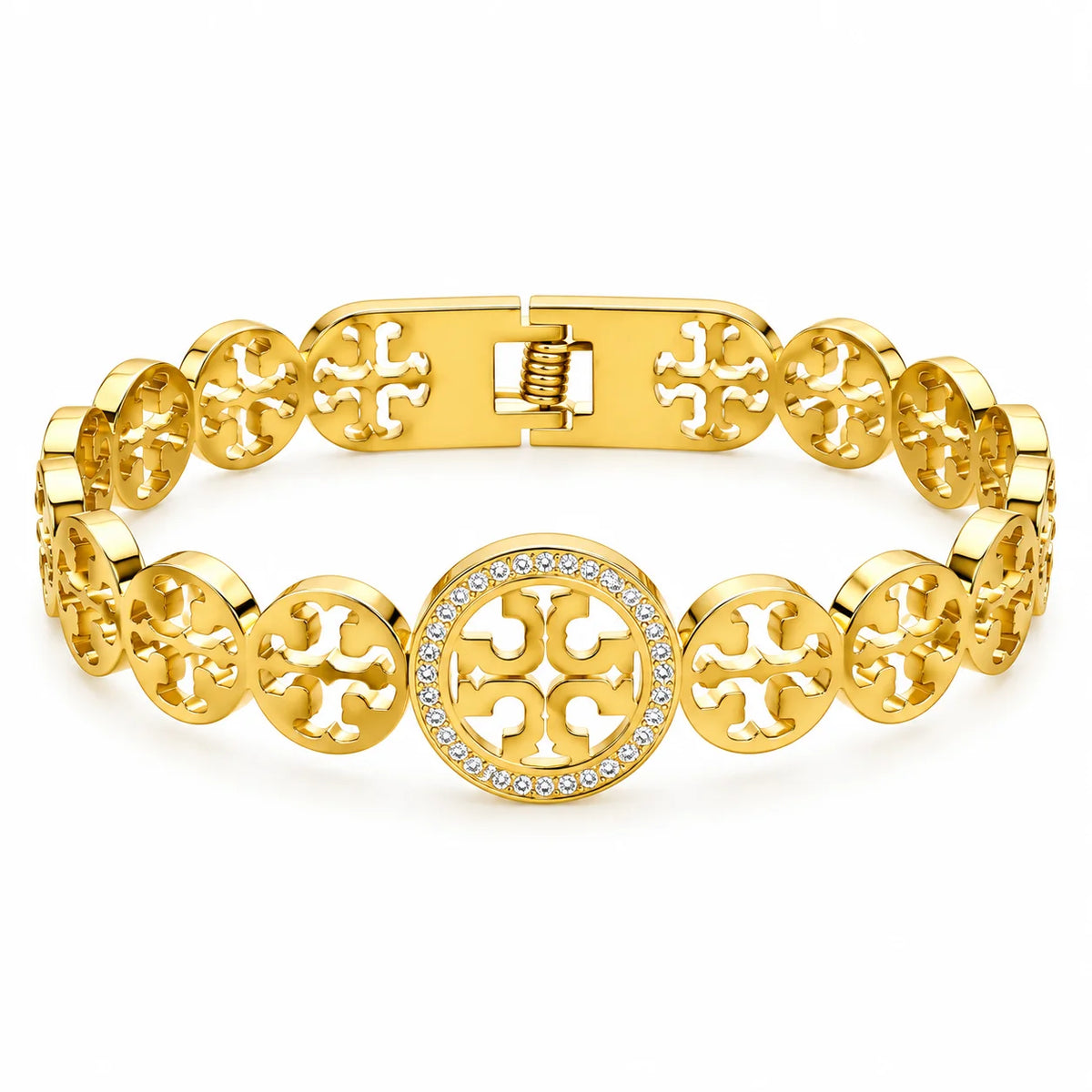 Aureum Crest Cutwork Medallion Clear Halo Gold Tone Luxury Link Bracelet