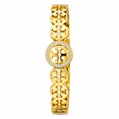 Aureum Crest Cutwork Medallion Clear Halo Gold Tone Luxury Link Bracelet