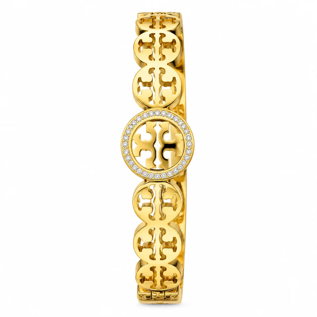 Aureum Crest Cutwork Medallion Clear Halo Gold Tone Luxury Link Bracelet