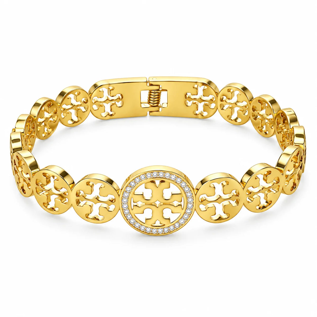 Aureum Crest Cutwork Medallion Clear Halo Gold Tone Luxury Link Bracelet
