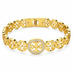 Aureum Crest Cutwork Medallion Clear Halo Gold Tone Luxury Link Bracelet