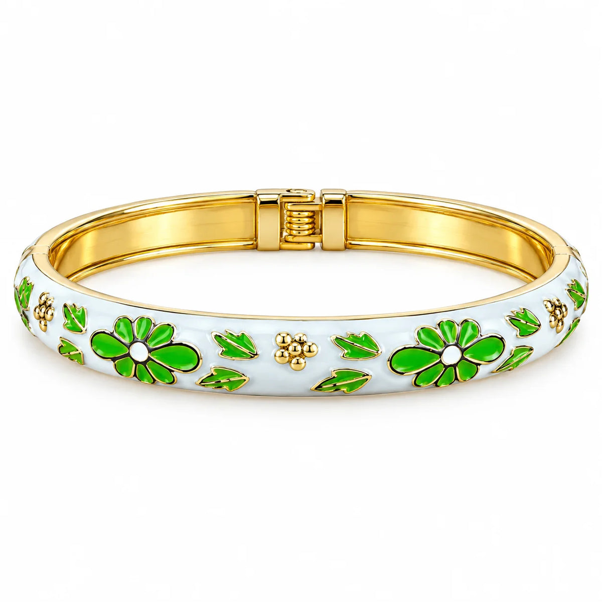 Verdant Fleur White Floral Motif Gold Tone Luxury Bangle Bracelet