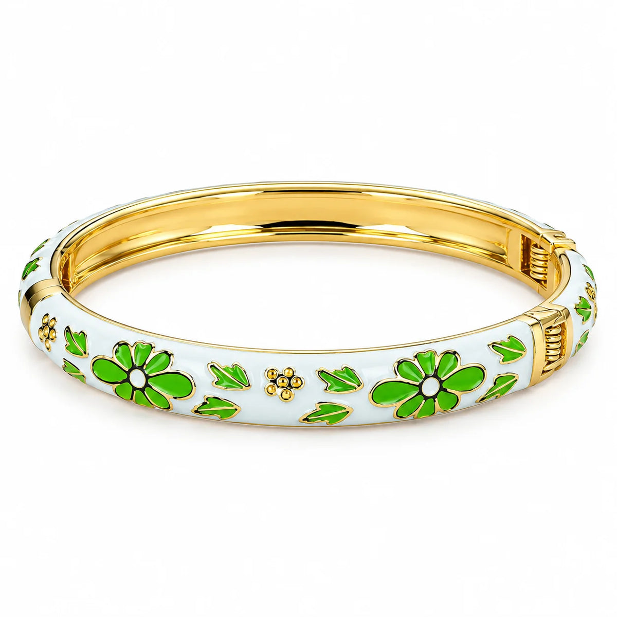 Verdant Fleur White Floral Motif Gold Tone Luxury Bangle Bracelet