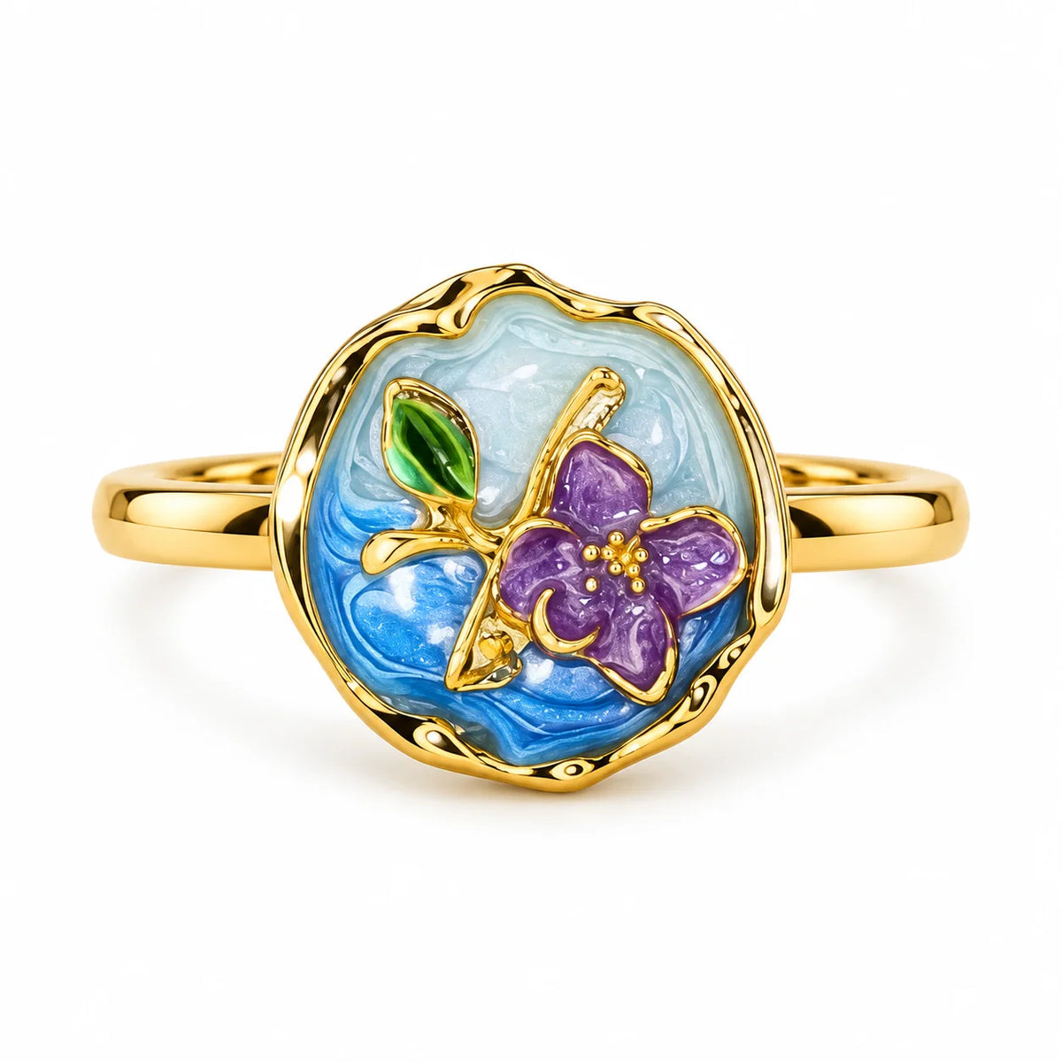 Azure Fleur Medallion Floral Art Gold Statement Ring