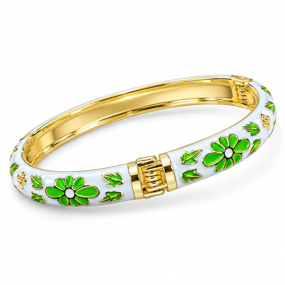 Verdant Fleur White Floral Motif Gold Tone Luxury Bangle Bracelet