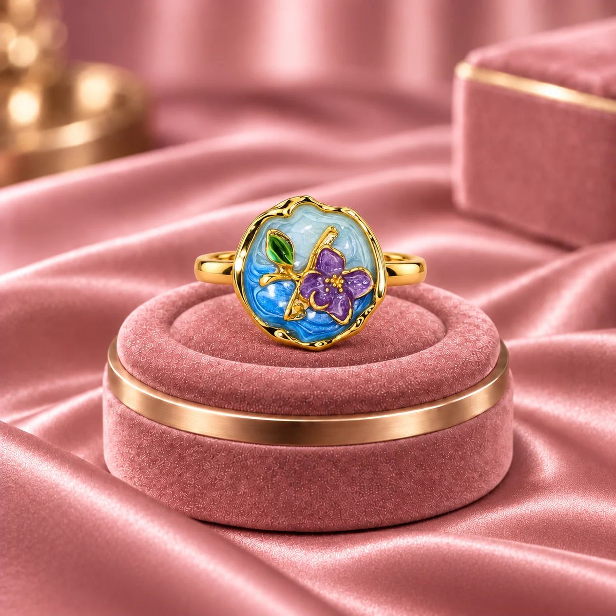 Azure Fleur Medallion Floral Art Gold Statement Ring