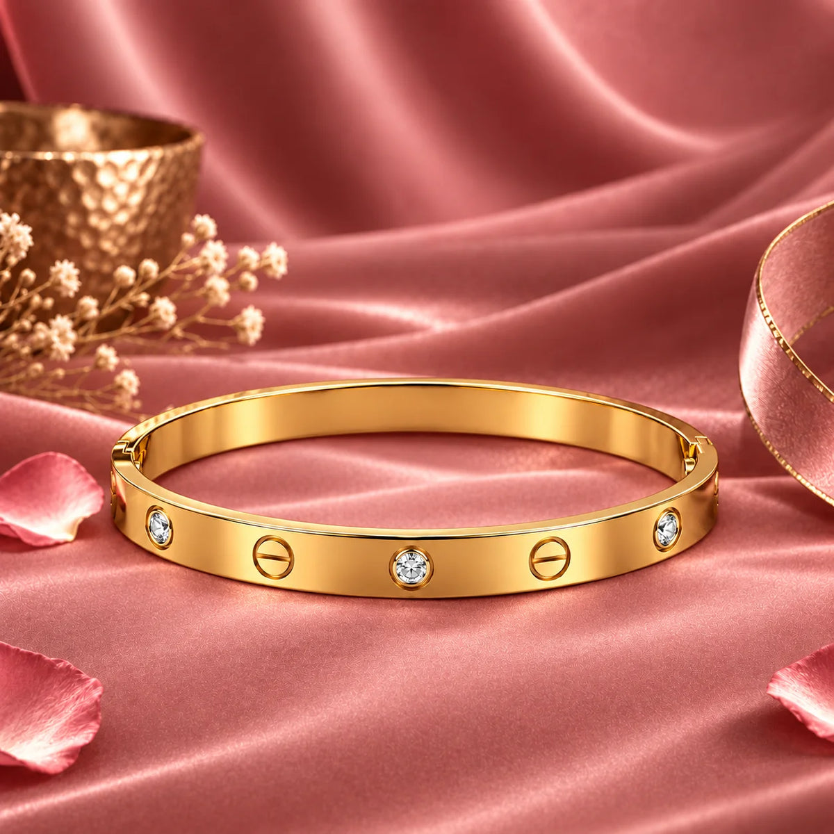Imperio Lustre Screw Motif Clear Accent Gold Tone Luxury Bangle Bracelet