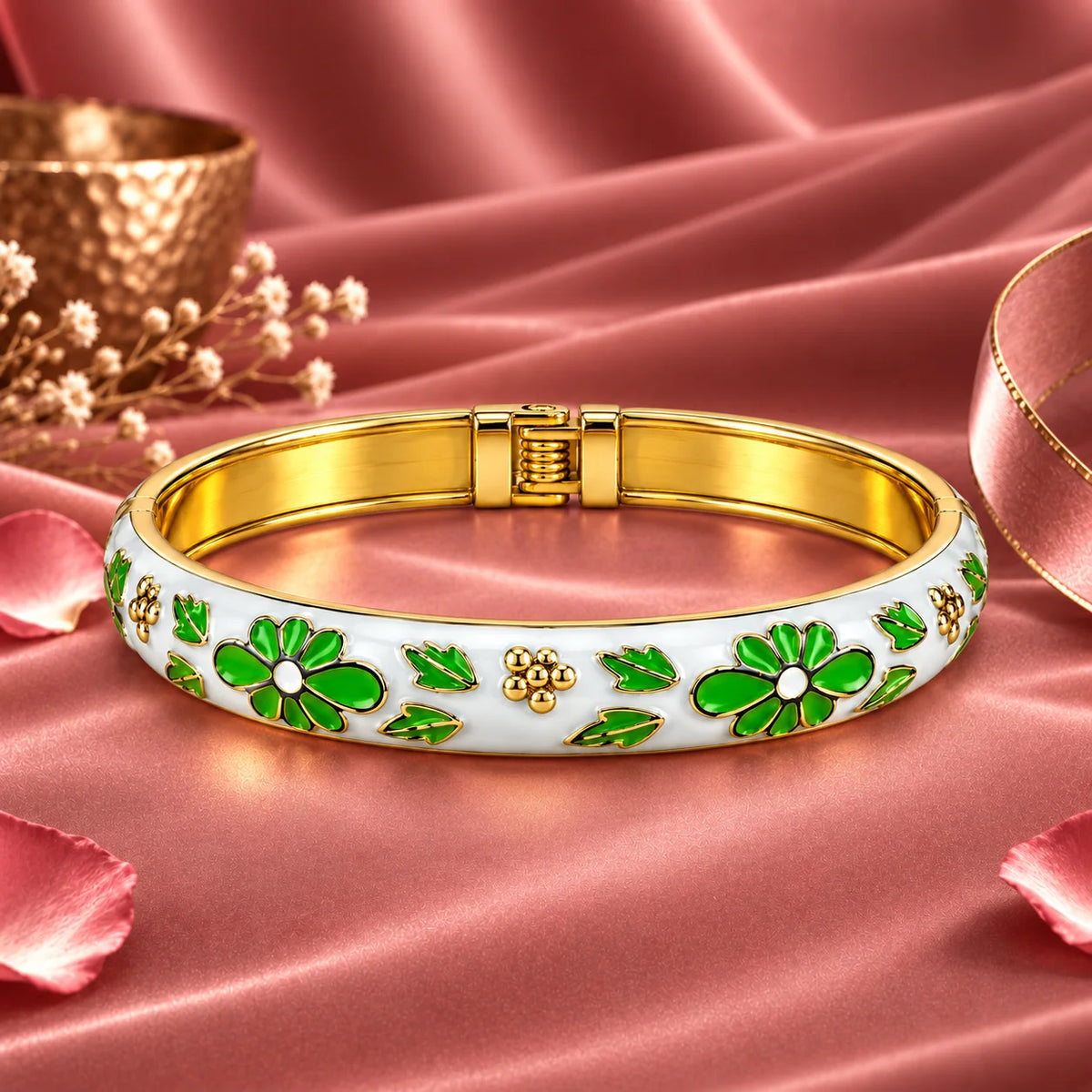 Verdant Fleur White Floral Motif Gold Tone Luxury Bangle Bracelet