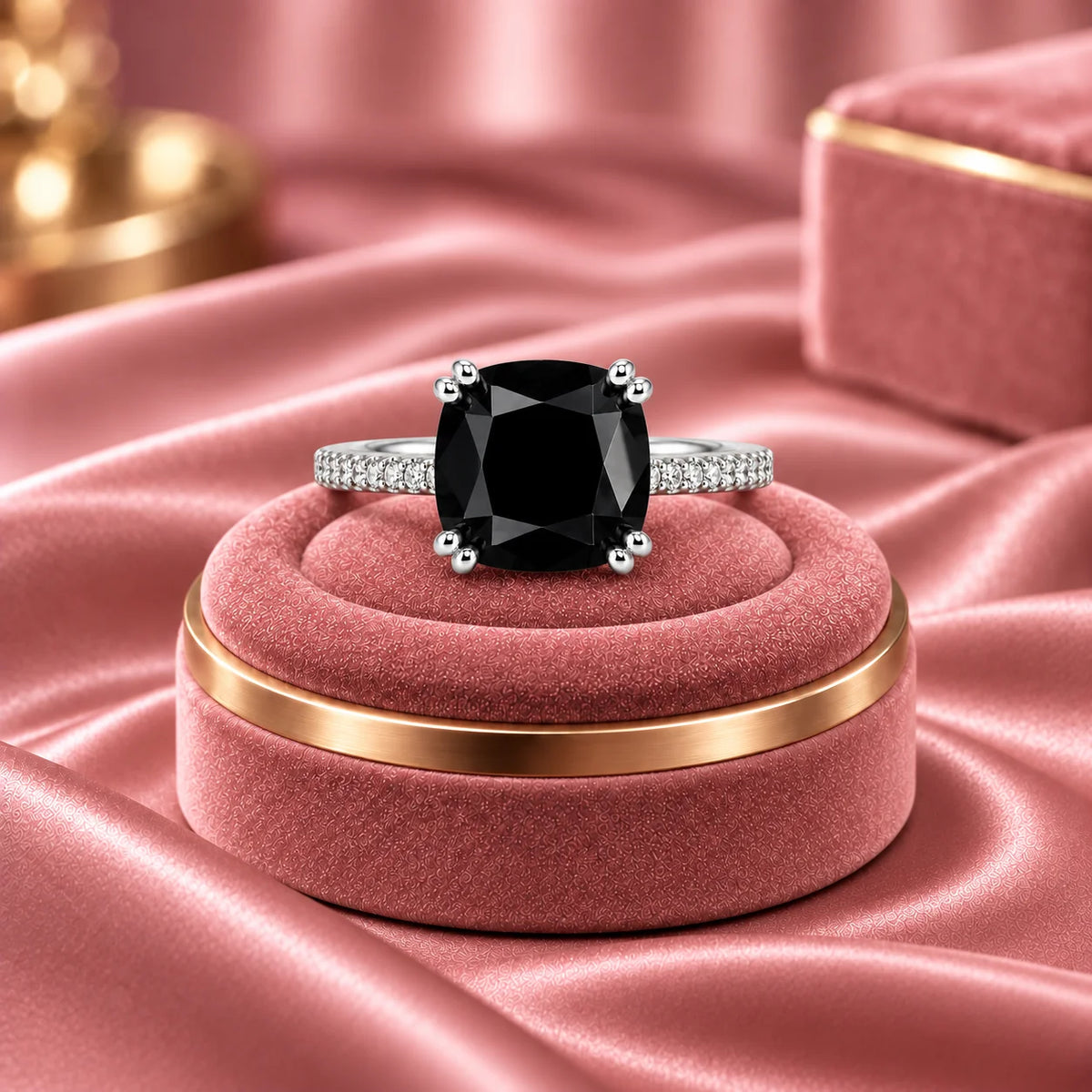Midnight Étoile Cushion Cut Black Stone Pave Statement Ring