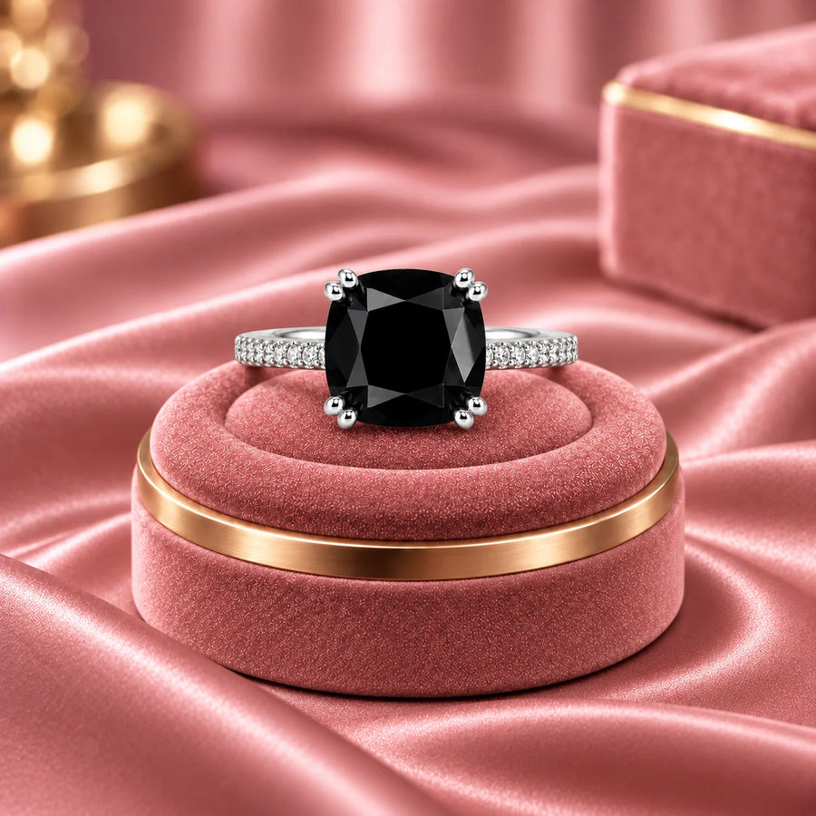 Midnight Étoile Cushion Cut Black Stone Pave Statement Ring