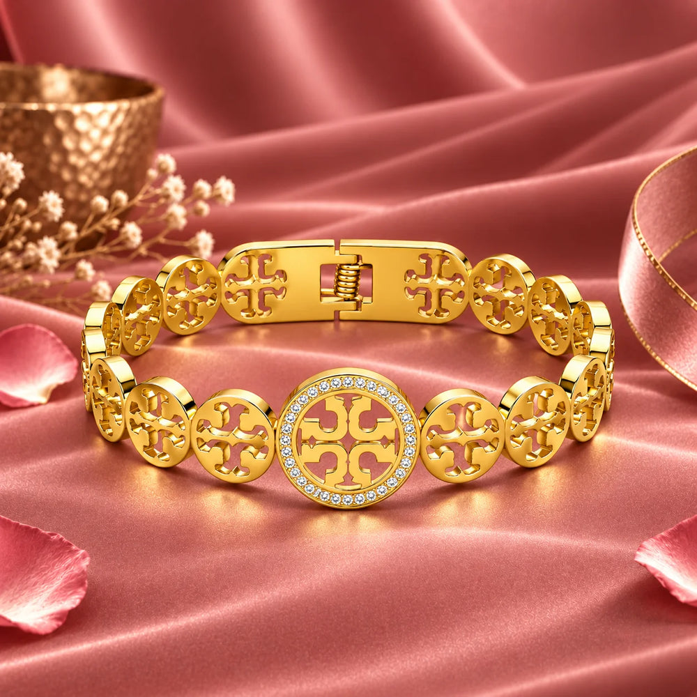 Aureum Crest Cutwork Medallion Clear Halo Gold Tone Luxury Link Bracelet