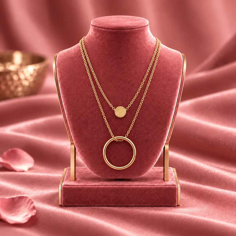 Aurielle Double Layer Minimal Circle Pendant Gold Tone Luxury Necklace