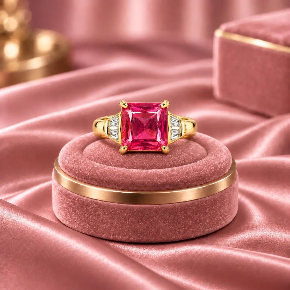 Crimson Éclat Princess Cut Gold Statement Ring