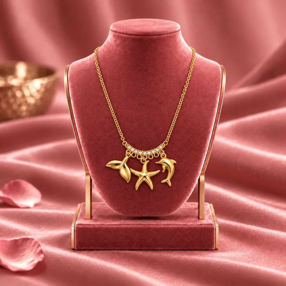 Marina Celeste Ocean Charm Gold Tone Crystal Accent Luxury Necklace