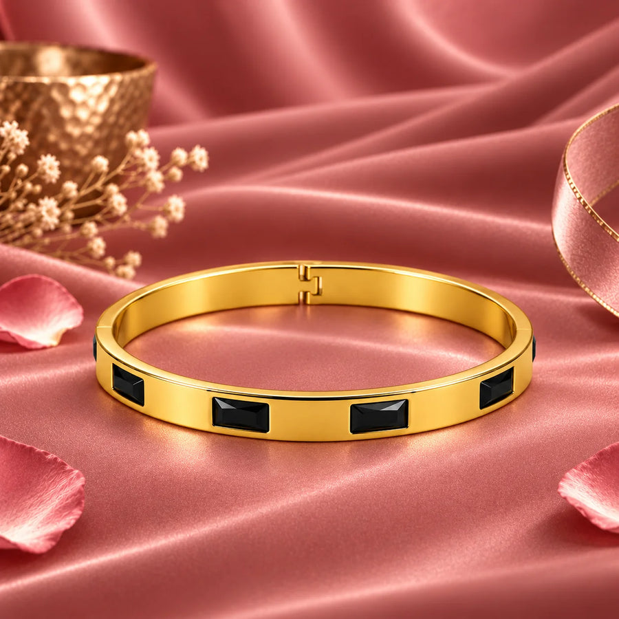 Noir Axis Rectangular Black Accent Gold Tone Luxury Bangle Bracelet
