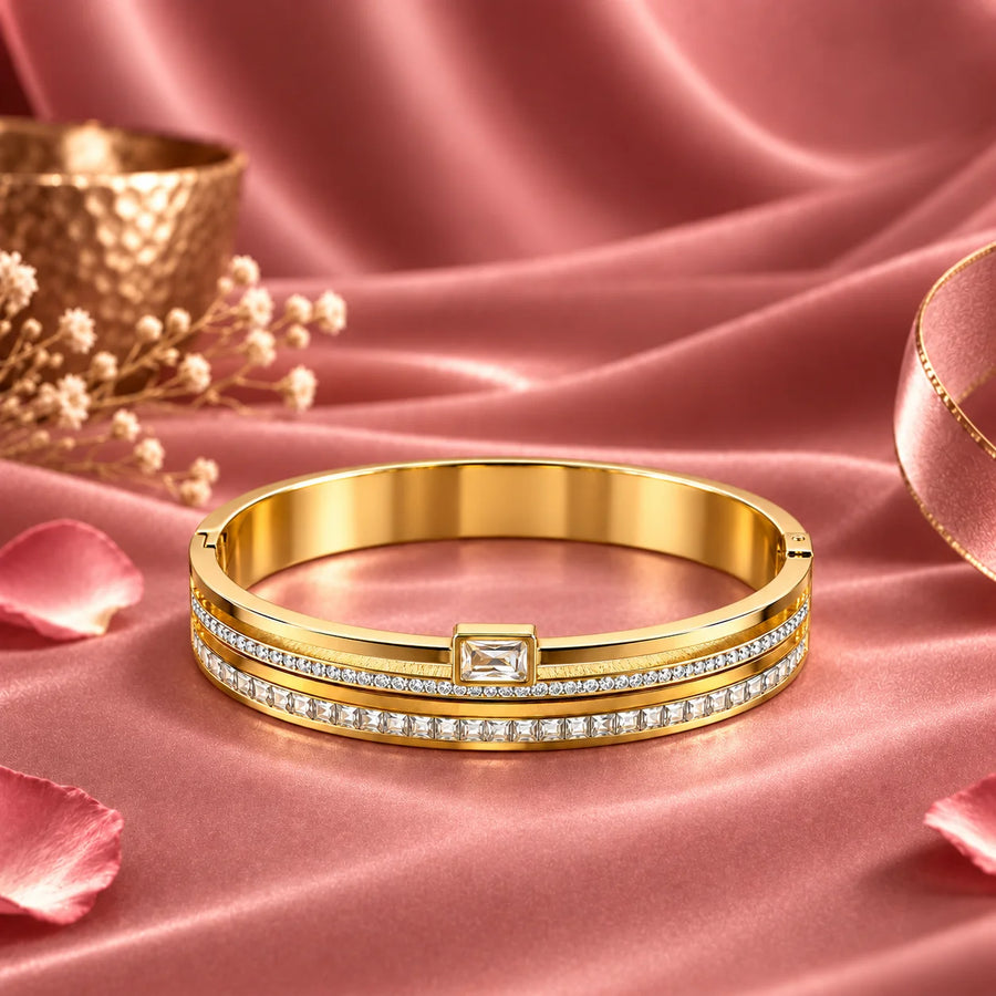 Maison Éclat Double Row Clear Stone Gold Tone Luxury Bangle Bracelet
