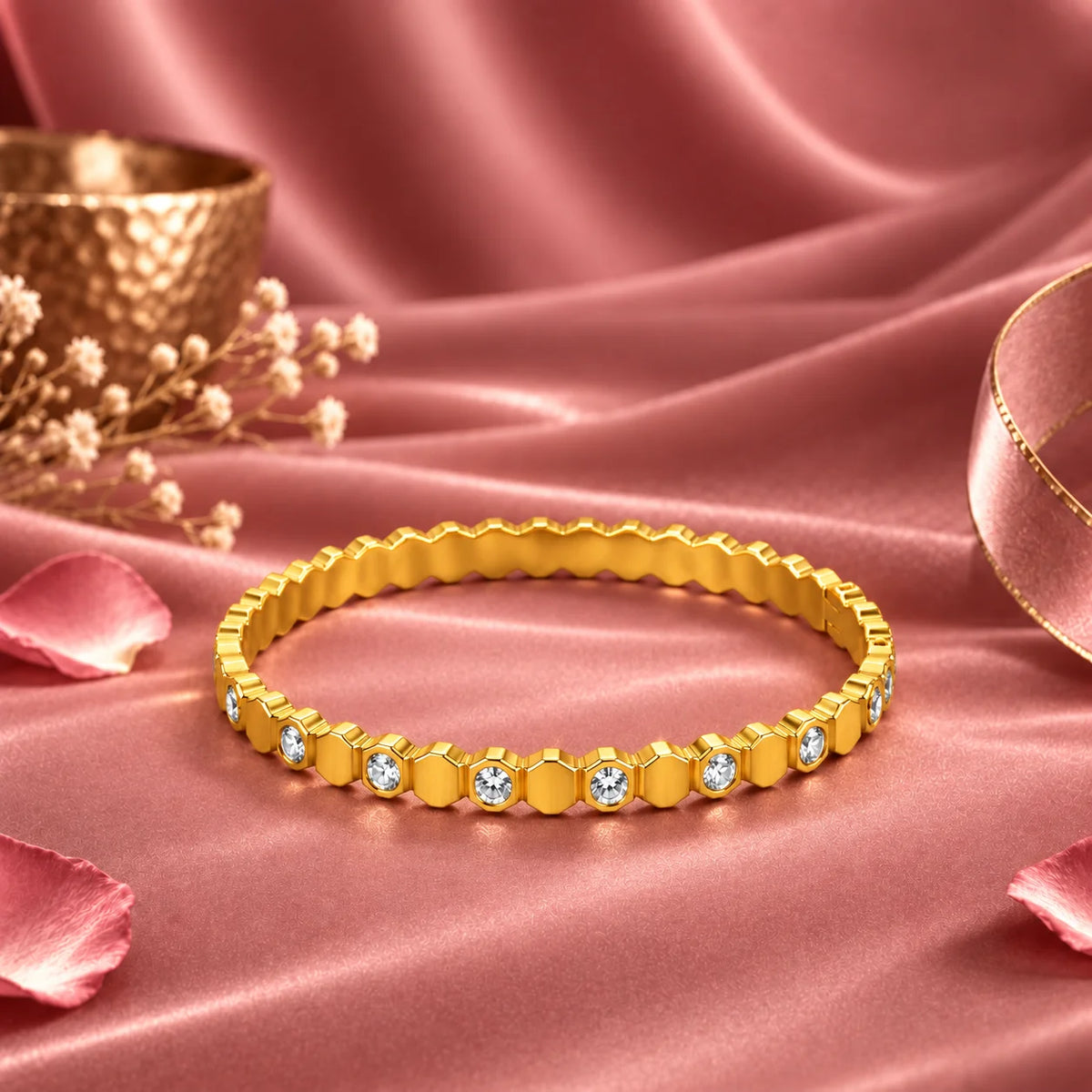Celeste Lumière Geometric Clear Stone Gold Tone Bangle Bracelet