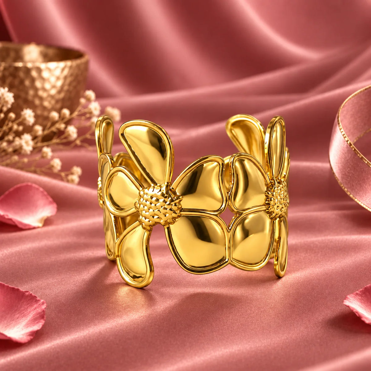Aurelia Fleur Sculptural Floral Gold Tone Statement Cuff Bracelet