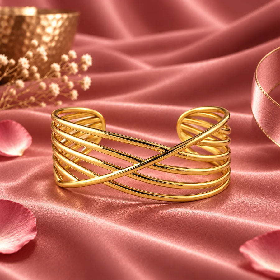 Aurelia Verve Criss Cross Sculptural Gold Tone Cuff Bracelet