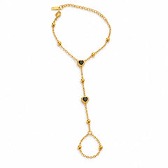 Noir Amour Twin Black Heart Gold Tone Elegant Hand Chain for Women