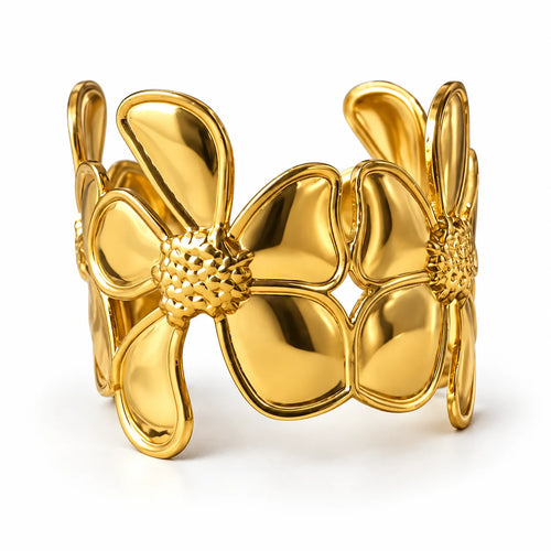Aurelia Fleur Sculptural Floral Gold Tone Statement Cuff Bracelet